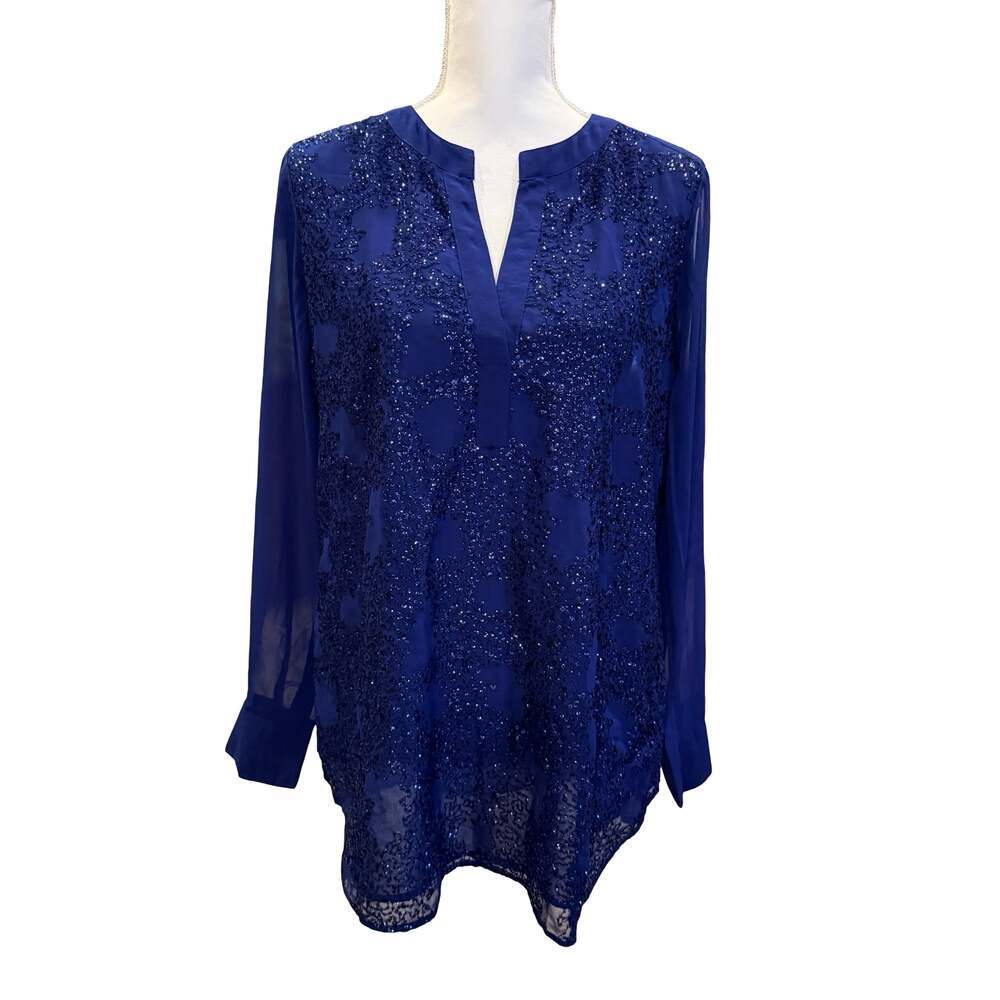 Chico's Size 1 Blue Sequin Embellished Chiffon Tunic Blouse (Medium 8-10)